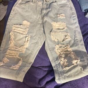 SHEIN Blue Straight Leg Distressed Jeans